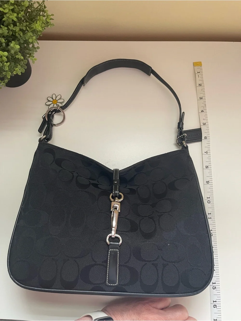 Coach Vintage Black Signature Hampton Shoulder Bag with Daisy Charm